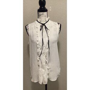 Pleione White Sleeveless Button-Down Blouse W/Ruffle Trim & Black Ribbon